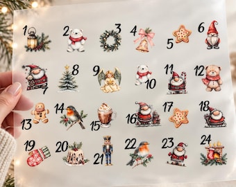 Advent calendar iron-on transfers 1-24 DTF – numbers & Christmas motifs, watercolor, for ironing on, DIY fabric bags, A4 or A3 incl. instructions
