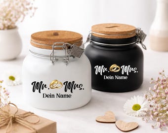 Hucha con tapa de corcho para el Sr. y la Sra. [Nombre] - Regalo de boda - Regalo para los novios - Hucha