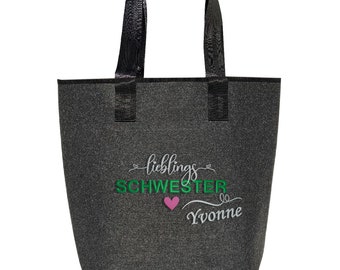 Filztasche personalisiert grau "bestickt" groß / Geschwisterliebe | Hochwertig | 44x26cm | Personalisierung | Motiv lieblings-Schwester