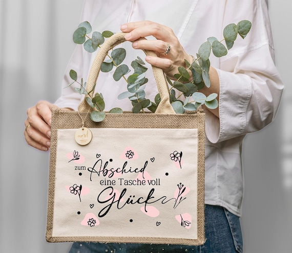 Abschiedsgeschenk Jutetasche – ‚Zum Abschied eine Tasche voll Glück‘ – Personalisierbar – Lehrer, Kollegen, Erzieher – Geschenk zum Abschied