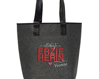 Felt bag with slogan Very best teacher or educator "embroidered" gray large / shopping bag | High-quality | 44 x 26 cm