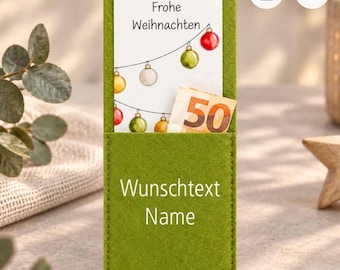 Personalized Christmas money gift | Felt money pouch with name and custom message | Christmas card for banknotes | Gift wrapping for money