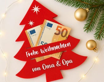 Personalized red felt Christmas tree money gift – 1 piece | Individual table decoration personalized with name, Santa Claus Christmas