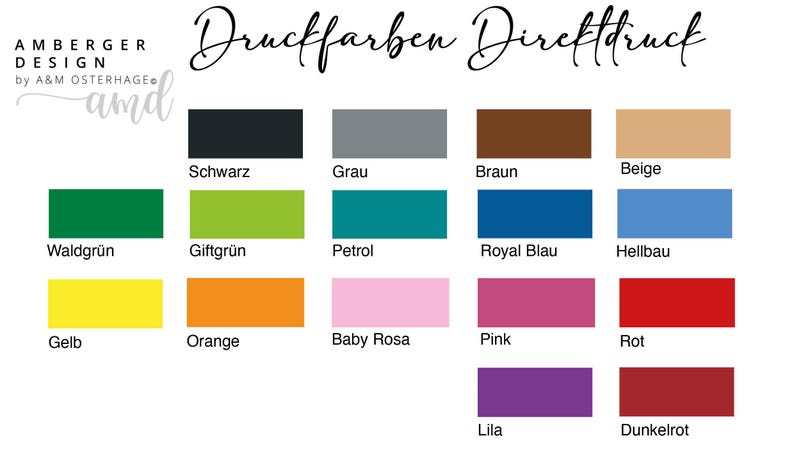 Puede incluir: Una tabla de colores titulada Druckfarben Direktdruck de Amberger Design que presenta diecisiete muestras de color rectangulares etiquetadas en alem&aacute;n, incluyendo negro, gris, marr&oacute;n, beige, verde bosque, verde lima, petr&oacute;leo, azul real, azul claro, amarillo, naranja, rosa beb&eacute;, rosa, rojo, morado y rojo oscuro.
