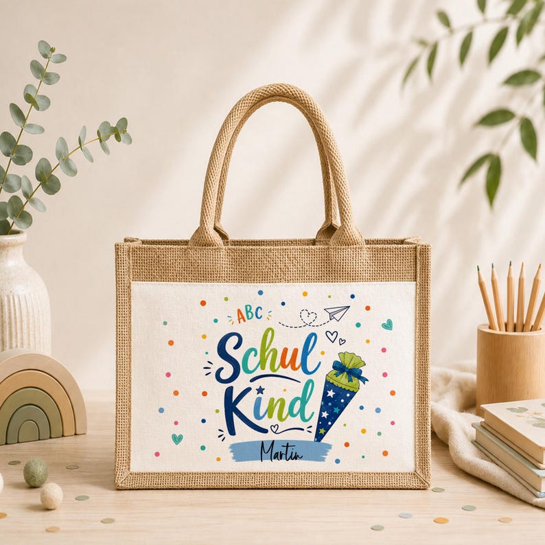 May include: A rectangular jute tote bag with two handles and a white canvas front panel. The panel features the colourful text "Schul Kind" and "Martin" with illustrations of a paper airplane, hearts, dots, and a blue cone-shaped gift bag.