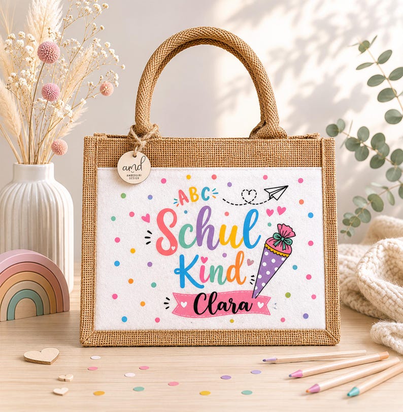Personalisierte Jutetasche zur Einschulung mit buntem „Schulkind"-Motiv, Schultüte und individuellem Namen – Geschenk zum Schulanfang für Mädchen und Jungen in zwei Größen von Amberger Design