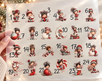 Advent calendar iron-on transfers 1-24 DTF – numbers & gnomes for ironing on, DIY fabric bags, A4 or A3 incl. instructions