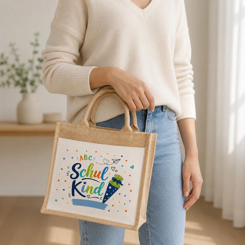 May include: A square jute tote bag with two handles and a white canvas front panel. The panel features the colourful text "Schul Kind" and "ABC" alongside a graphic of a blue and green cone, surrounded by small colourful dots, hearts, and a paper plane.
