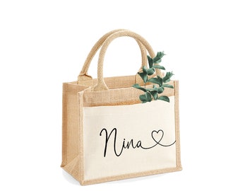 Jutetasche klein Name mit Herz | Mitbringsel | Geburtstag | Weihnachten | personalisierter Name | Kindertasche | Valentinstag 26x22x14cm