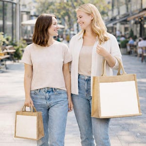 May include: Two rectangular tote bags made of natural tan jute fabric with a large, solid white rectangular panel on the front. Each bag features two sturdy top handles and a structured, flat-bottomed design for carrying items.