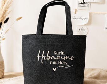 Bolso de fieltro personalizado – Partera con corazón – Regalo para parteras, maestras y educadoras – Bolso con nombre – Reciclado – Bolsillo interior de 4 colores