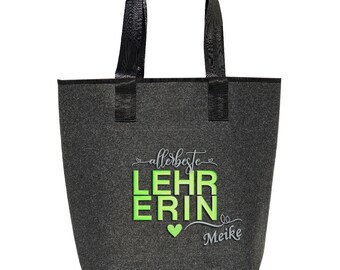 Filztasche mit Spruch Allerbeste Lehrerin |  bestickt | grau | Einkaufstasche | Markttasche | 44x26cm| mit Personalisierung | Geschenk