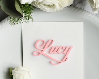 Pink Wedding Place Names Made From Acrylic.  Pink Custom Place Cards.  Custom Name Tags Personalised For Weddings, Party's, Events.