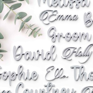 Grey Wedding Place Names Made From Acrylic.  Grey Custom Place Cards.  Grey Names Tags.