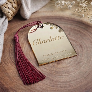 Luxury Arch Shaped Acrylic Wedding Place Name Tag With Tassle.  Bride Groom Names With Wedding Date.  Choice of Font, Colour and Acrylic