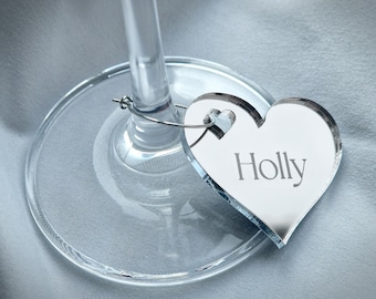 Wine Glass Charms Customised With Guest Names.  Suitable For Champagne Flutes, Cocktail and Martini Glasses.  Hen Party, Wedding, Party.