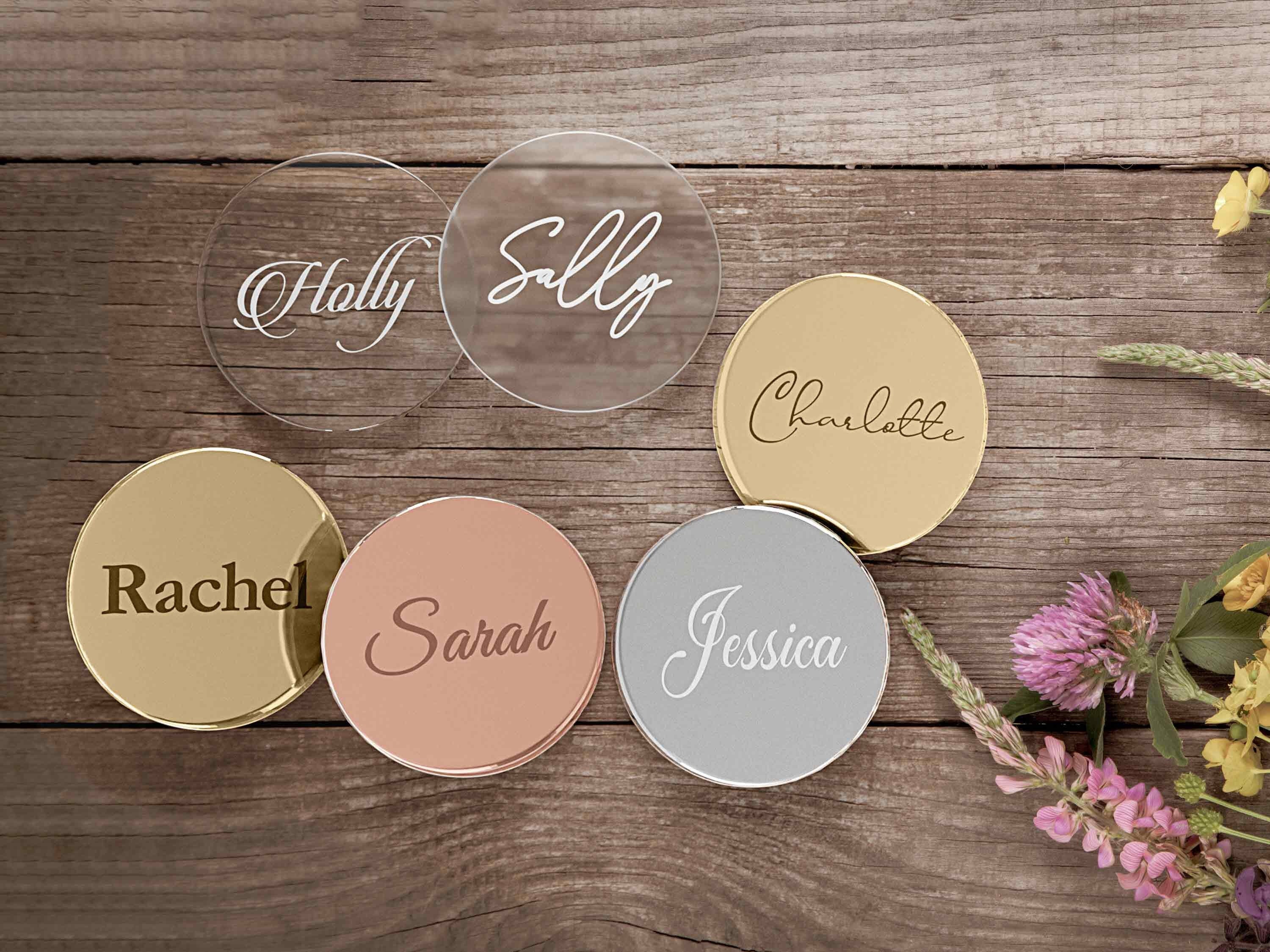 Engraved Wedding Place Names - Mirrored Cards Rose Gold Round Name Tags