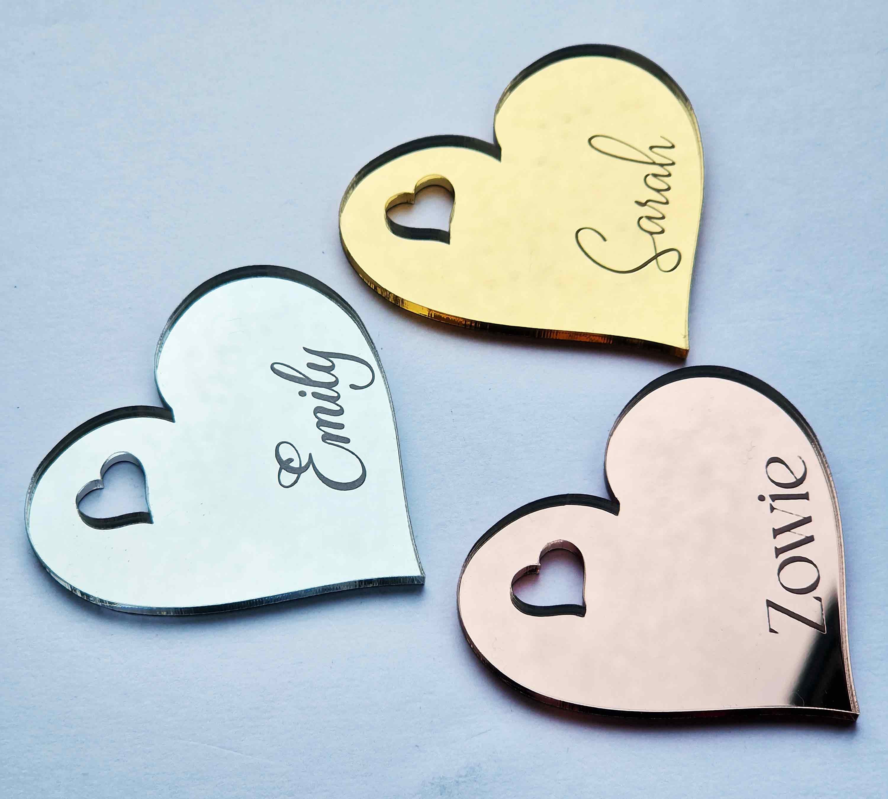 Love Heart Place Names - Mirrored Cards Fully Customised With Guest