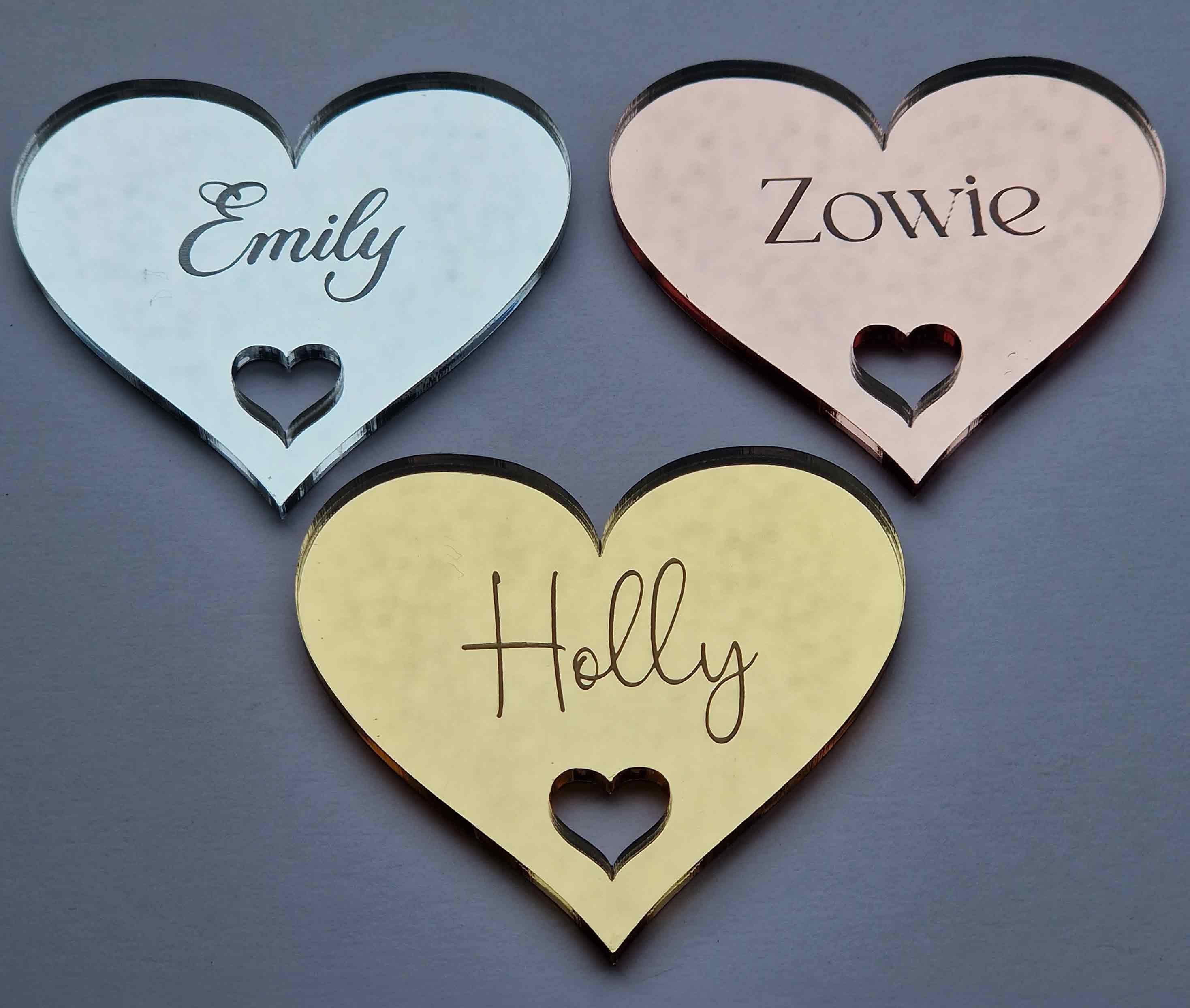 Heart Shaped Wedding Place Names - Mirrored Cards Fully Customised With Guest