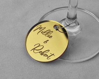 Round Wedding Acrylic Wine Glass Tags. Bride Groom Luxury Drink Charms. Modern Champagne Flute Toast Name Settings. Rose Gold Silver Circles