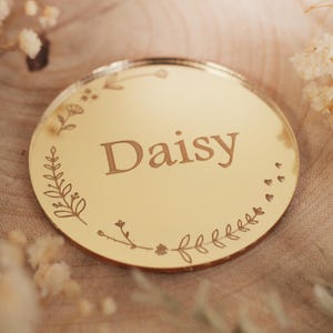 Engraved Round Wedding Place Name Discs - Mirrored Place Names - Flowered Name Cards - Floral Placenames