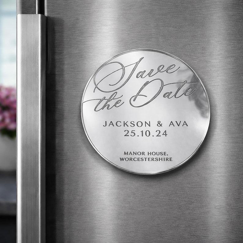 Save the Date Fridge Magnet, Gold Mirror Acrylic Wedding Announcement, Personalised Names & Date image 3
