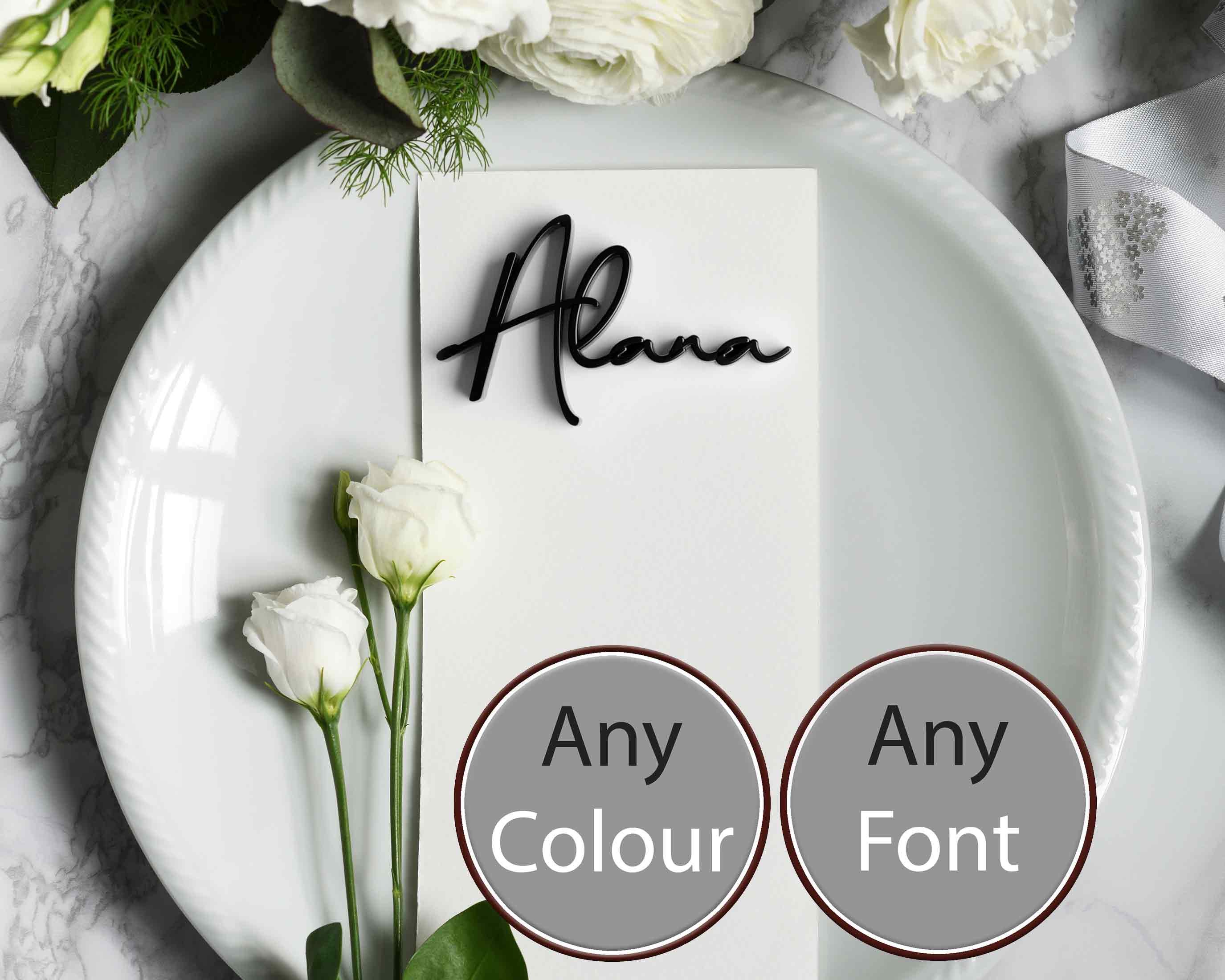 Wedding Place Names Custom Made From Acrylic.  Range of Colours inc Black, Gold, White, Silver.  Personalised Wedding Guest Table Names