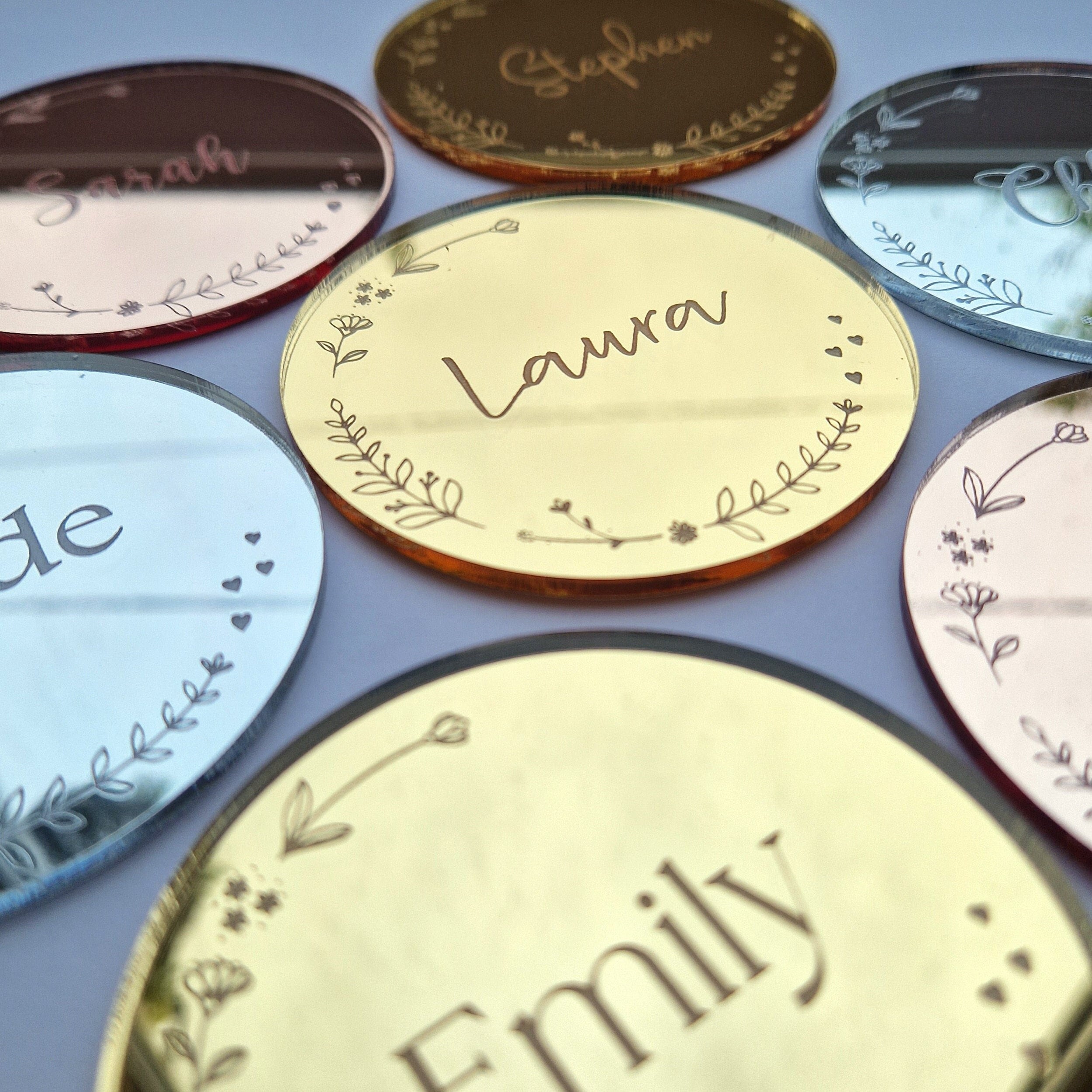 Engraved Round Wedding Place Name Discs - Mirrored Names Flowered Cards Floral Placenames