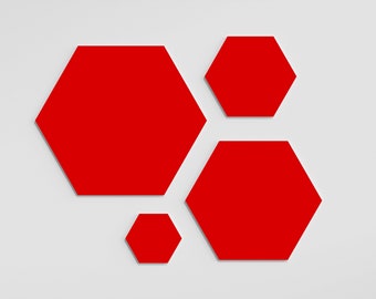 May include: Four red hexagon shapes of varying sizes are arranged on a white background. The shapes are flat and solid, with a clean, modern aesthetic. The arrangement is visually balanced, with the shapes distributed across the frame.