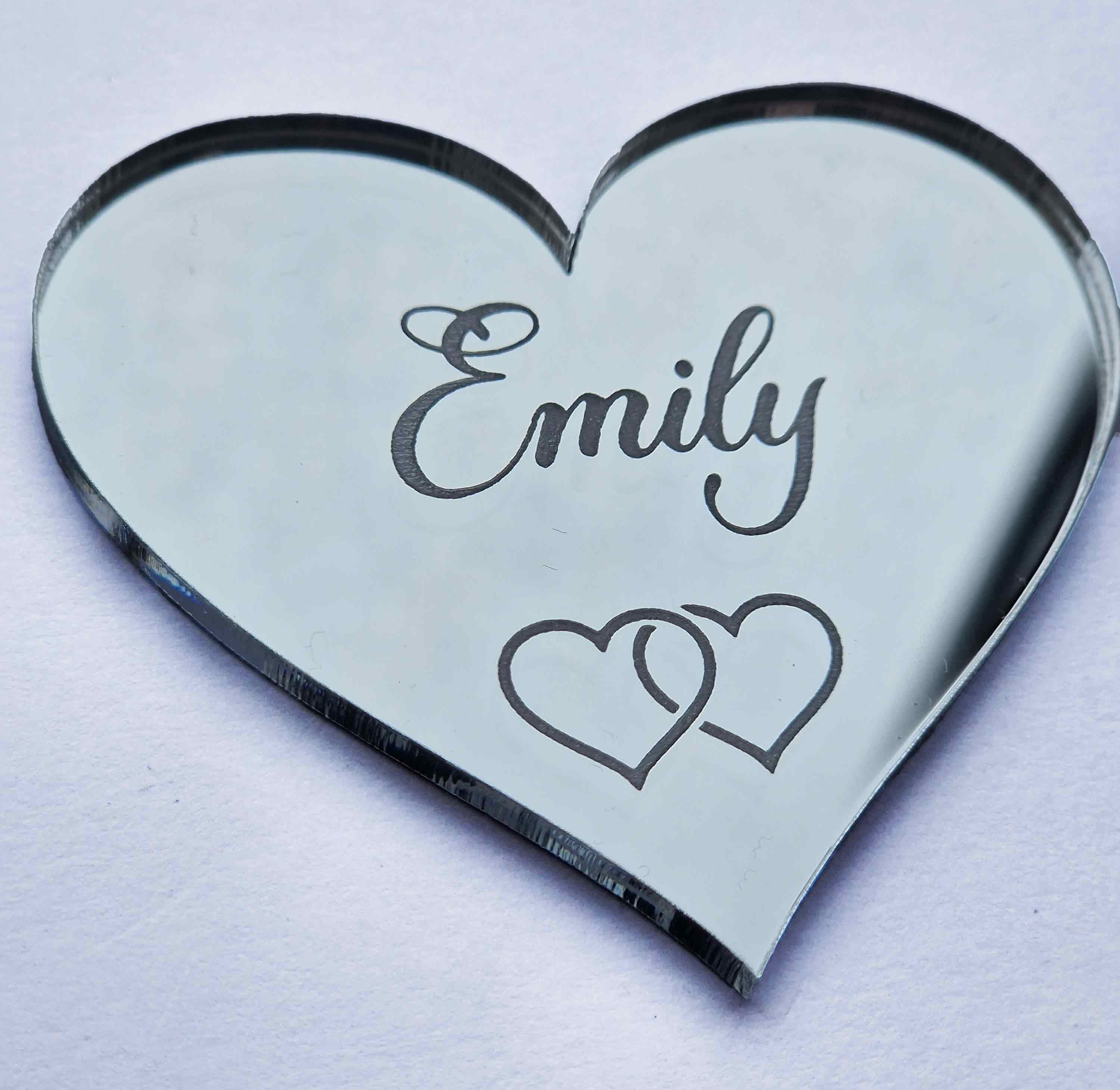 Heart Shaped Name Places For Weddings, Parties, Bridal Showers - Mirrored Place Cards Customised With Guest Names & Engraving