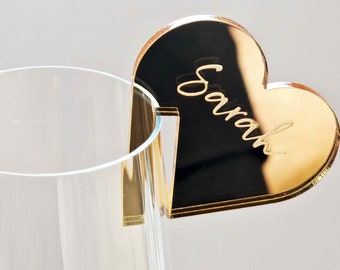 Heart Shaped Wine Glass Name Tags Engraved With Personalised Guest Names.