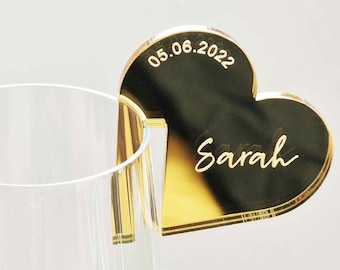 Personalised Heart Shaped Wine Glass Name Tags With Date Option.  Add Birthday, Wedding Or Other Special Occasion.