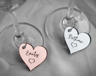 Heart Shaped Wine Glass Name Charms Customised With Guest Names.  Suitable for Birthday Party Ideas and Wedding Favours.
