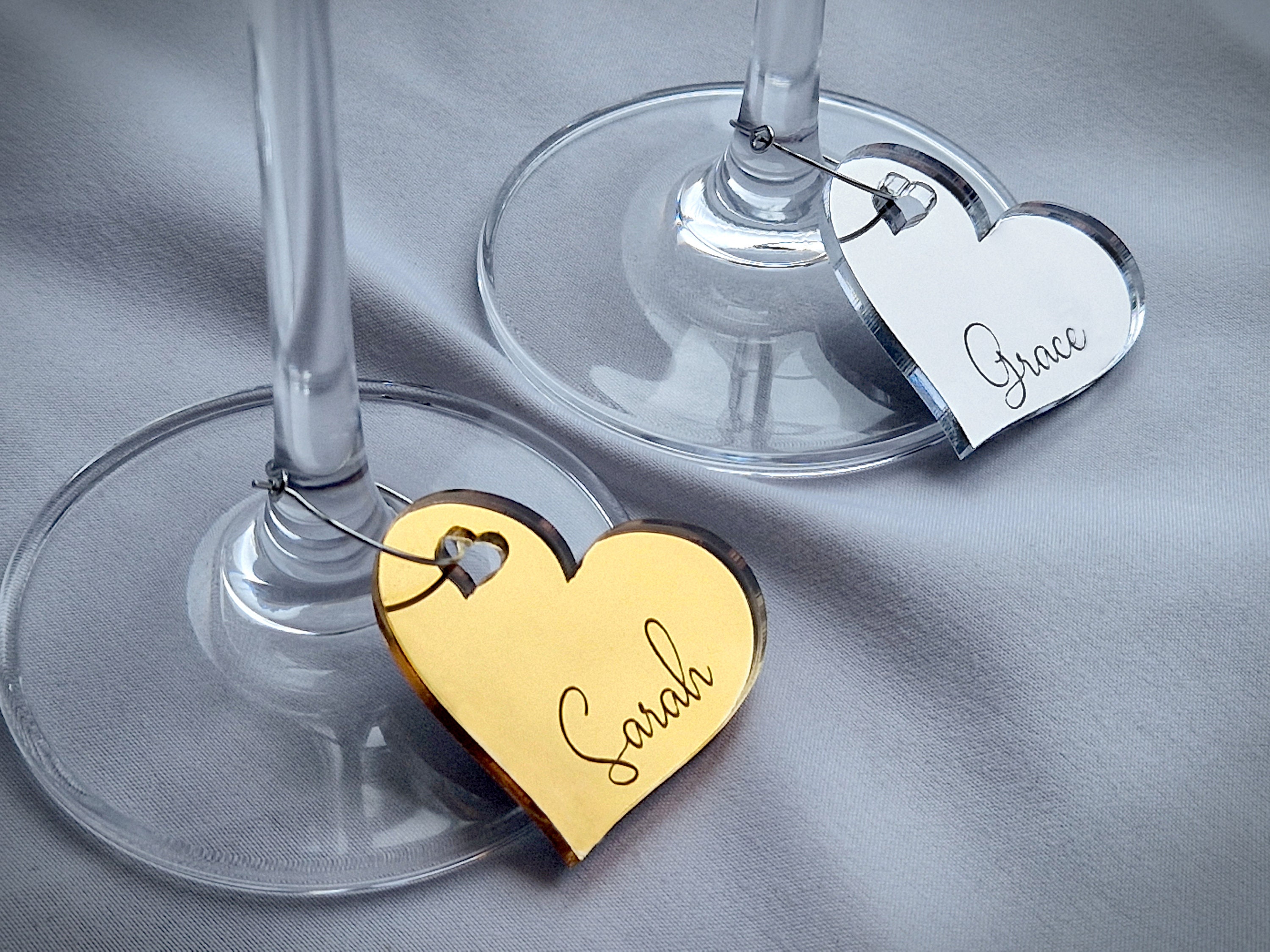 Wine Glass Name Tags.  Personalised Drink Charms For Stem With Engraved Guest Names.  Hen Party Place Settings With Clip Ring.