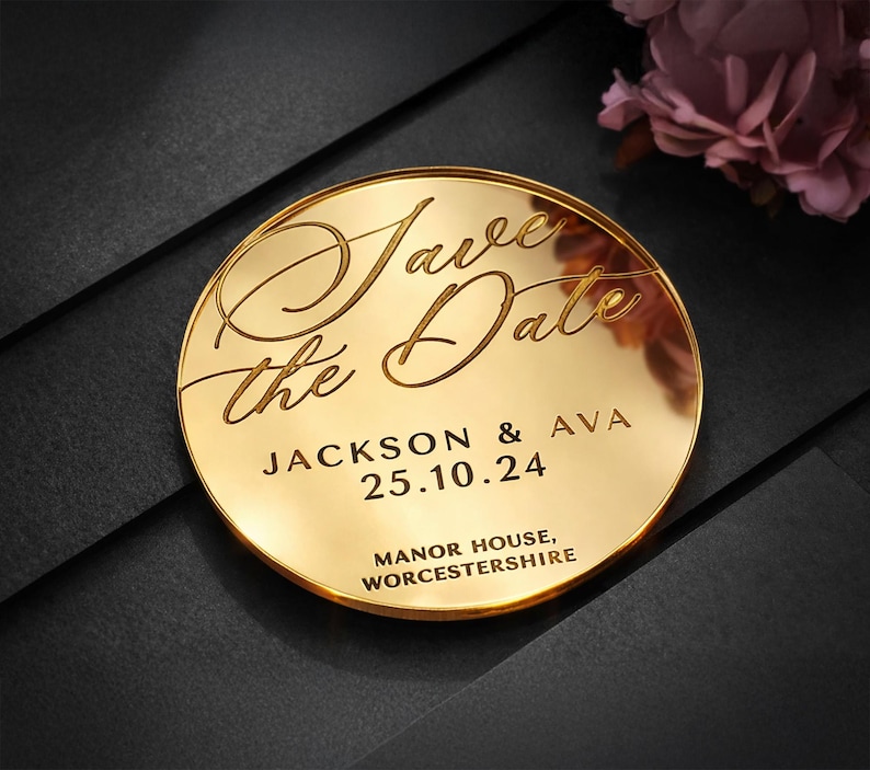 Save the Date Fridge Magnet, Gold Mirror Acrylic Wedding Announcement, Personalised Names & Date image 1