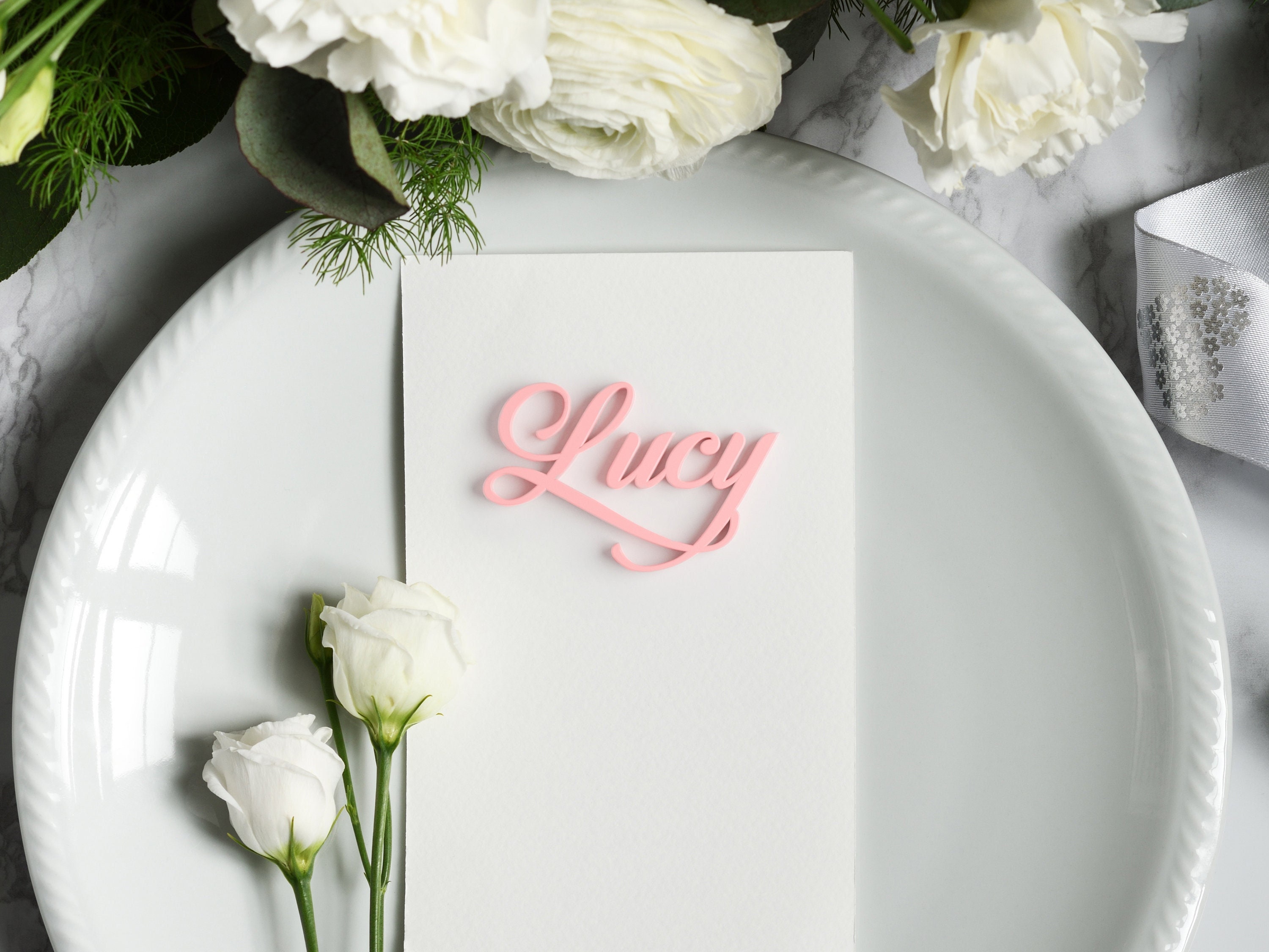 Pink Wedding Place Names Made From Acrylic. Custom Cards. Name Tags Personalised For Weddings, Party’s, Events
