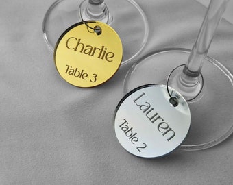 Round Wedding Acrylic Wine Glass Tags With Table Number Setting.  Seating Place Luxury Drink Charms. Modern Champagne Flute Toast Name Tags.