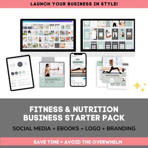 May include: A digital marketing kit for fitness and nutrition businesses. The kit includes social media templates, ebooks, a logo, and branding elements. The image shows a computer screen displaying social media templates, a phone displaying a blog post, and a tablet displaying a logo design.