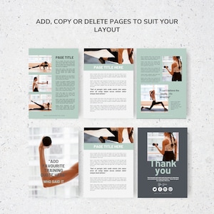 Pode incluir: Um modelo de marketing digital de quatro p&aacute;ginas para um neg&oacute;cio de fitness. As p&aacute;ginas apresentam imagens de mulheres a fazer exerc&iacute;cio, texto sobre fitness e uma cita&ccedil;&atilde;o sobre treino. A &uacute;ltima p&aacute;gina diz "Obrigado".