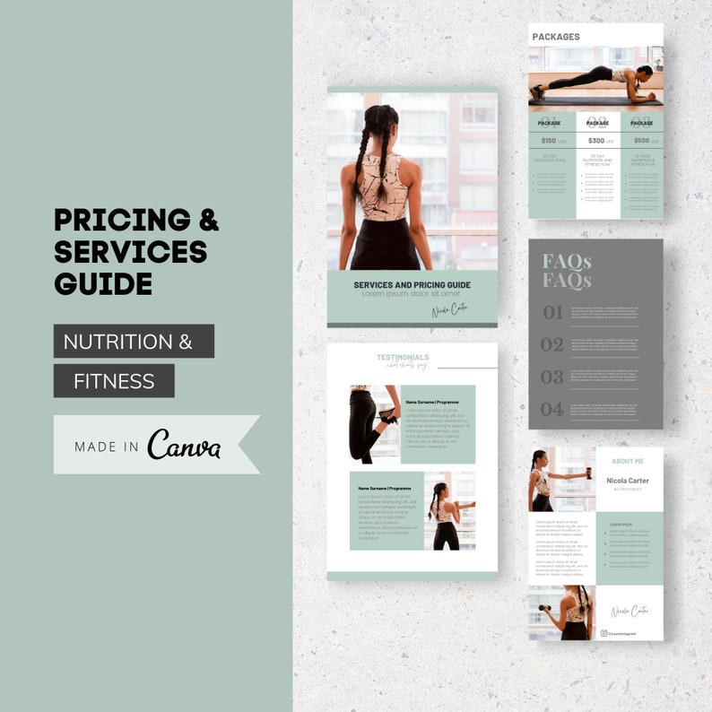 May include: A digital guide for nutrition and fitness services. The design features a woman in workout attire, along with pricing packages, FAQs, and testimonials. The guide is made in Canva and includes the text "Pricing & Services Guide".