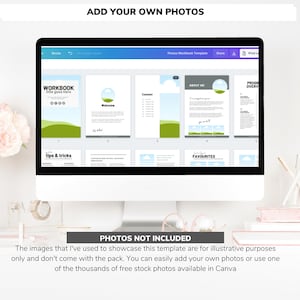 May include: A computer screen displaying a fitness workbook template with a green and blue color scheme. The template includes pages for a welcome message, content, about me, and a progress overview. The text "ADD YOUR OWN PHOTOS" is displayed at the top of the screen.