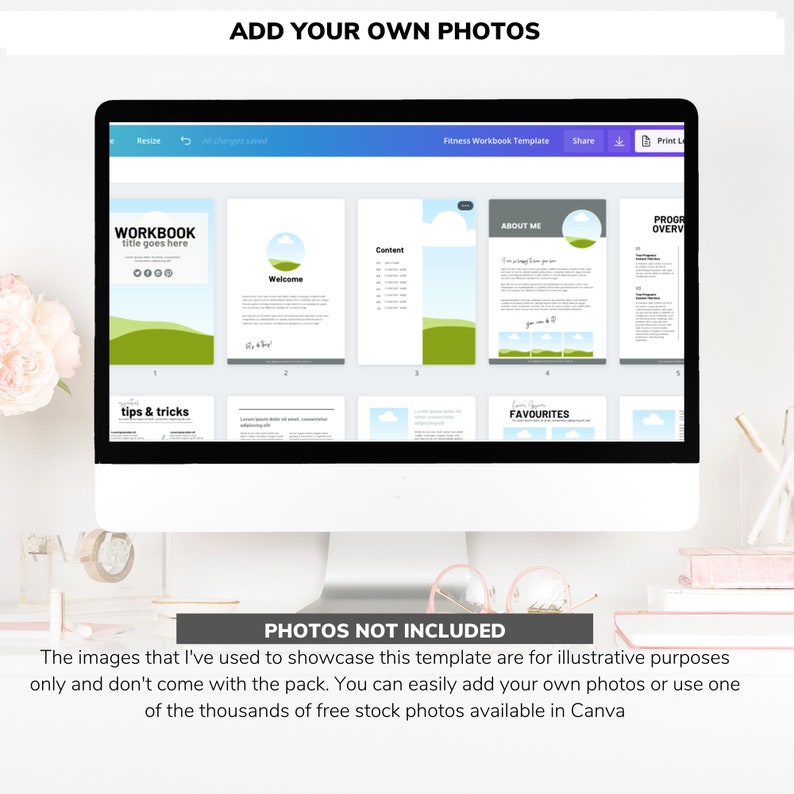 May include: A computer screen displaying a fitness workbook template with a green and blue color scheme. The template includes pages for a welcome message, content, about me, and a progress overview. The text "ADD YOUR OWN PHOTOS" is displayed at the top of the screen.