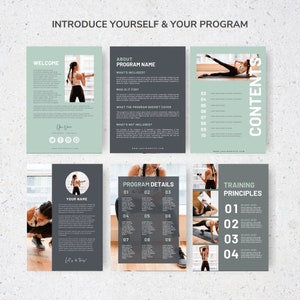 Pode incluir: Um folheto de quatro pain&eacute;is com um esquema de cores cinza e verde. O folheto &eacute; para um programa de fitness e inclui informa&ccedil;&otilde;es sobre o programa, o treinador e os princ&iacute;pios de treinamento. O folheto apresenta imagens de uma mulher se exercitando.