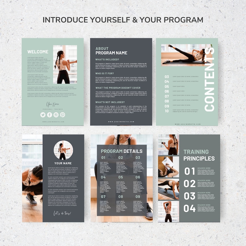 Pode incluir: Um folheto de quatro pain&eacute;is com um esquema de cores cinza e verde. O folheto &eacute; para um programa de fitness e inclui informa&ccedil;&otilde;es sobre o programa, o treinador e os princ&iacute;pios de treinamento. O folheto apresenta imagens de uma mulher se exercitando.
