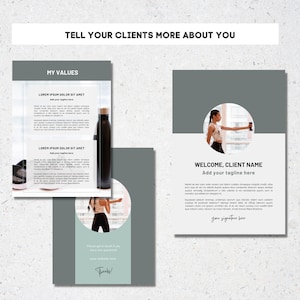 May include: A green and white welcome card with the text "WELCOME, CLIENT NAME" and "Add your tagline here". The card features a photo of a woman exercising with a dumbbell in a circle.