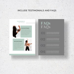 May include: Two-page layout with the text "INCLUDE TESTIMONIALS AND FAQS". The left page features testimonials with images of people exercising. The right page displays "FAQs" with numbered sections and placeholder text.