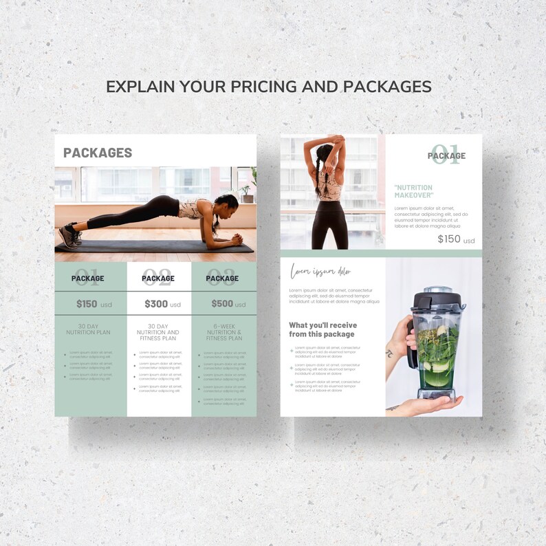 May include: A promotional image with text that reads "EXPLAIN YOUR PRICING AND PACKAGES". The image shows a woman exercising and a blender with green ingredients. The text also lists nutrition plans and package prices.