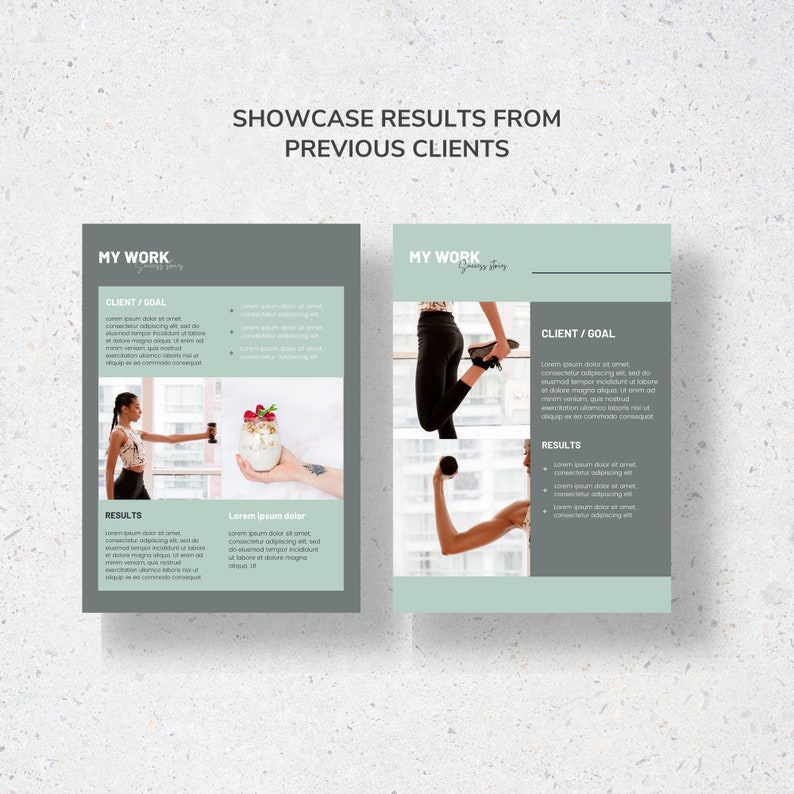 May include: Two-page layout showcasing client results. The left page features a woman exercising with weights and a hand holding a dessert. The right page shows a woman lifting a dumbbell and stretching.