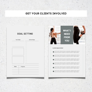 May include: A printable goal setting worksheet with a checklist and space for writing goals and action steps. The worksheet is next to a motivational image of a woman exercising with the text "What I Need From You".