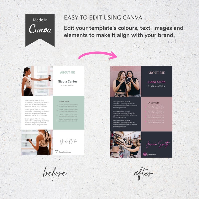 May include: A before-and-after Canva template design. The "before" design features a nutritionist's profile with images and text. The "after" design showcases a graphic designer's profile. The text reads "Easy to edit using Canva".